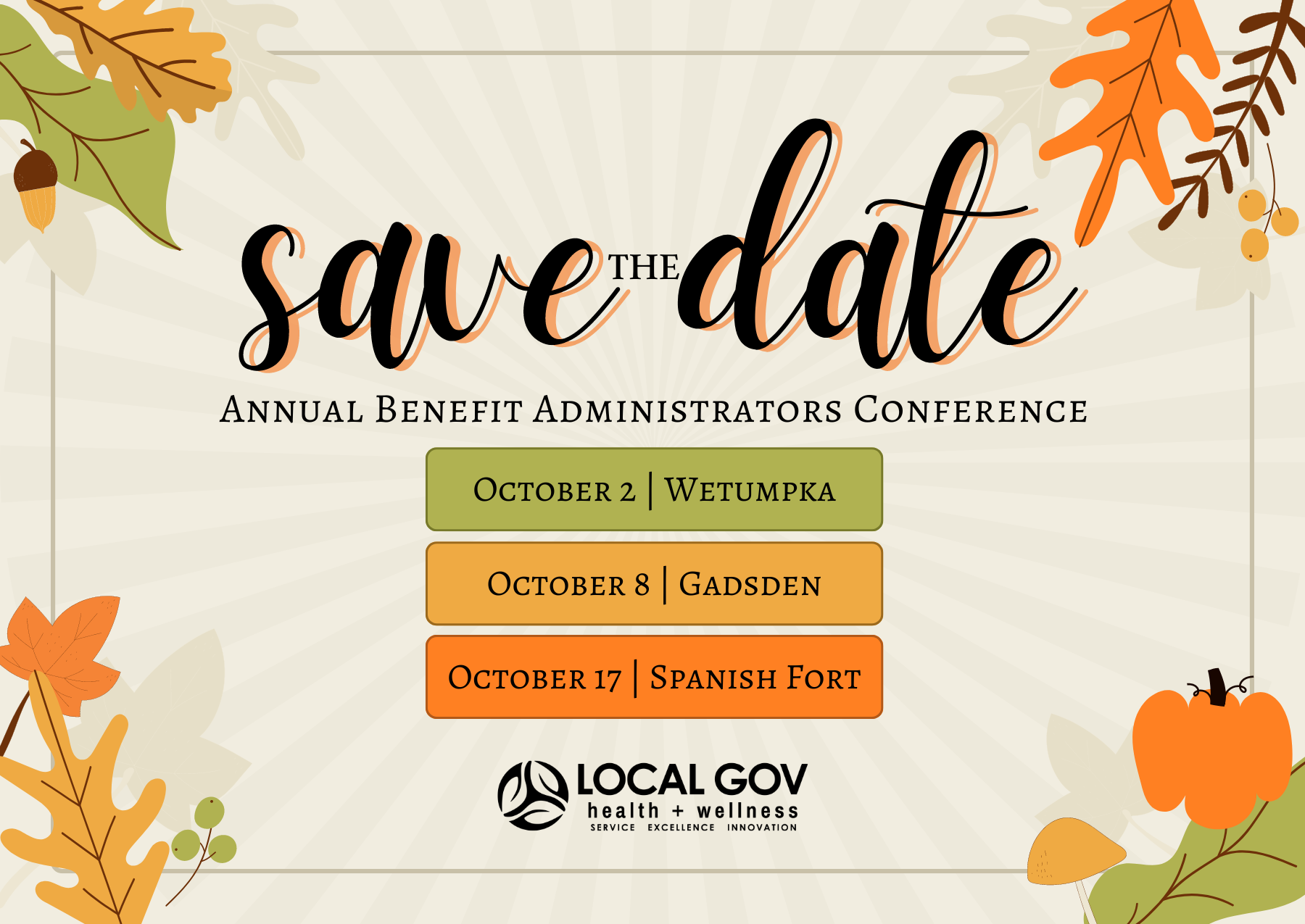Save the Date postcard with fall colors and upcoming conference dates.